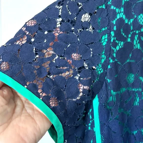 Cynthia Rowley Wms 10 Short Sleeve Blue Green Lace Floral Overlay Sheath Dress - Picture 5 of 9